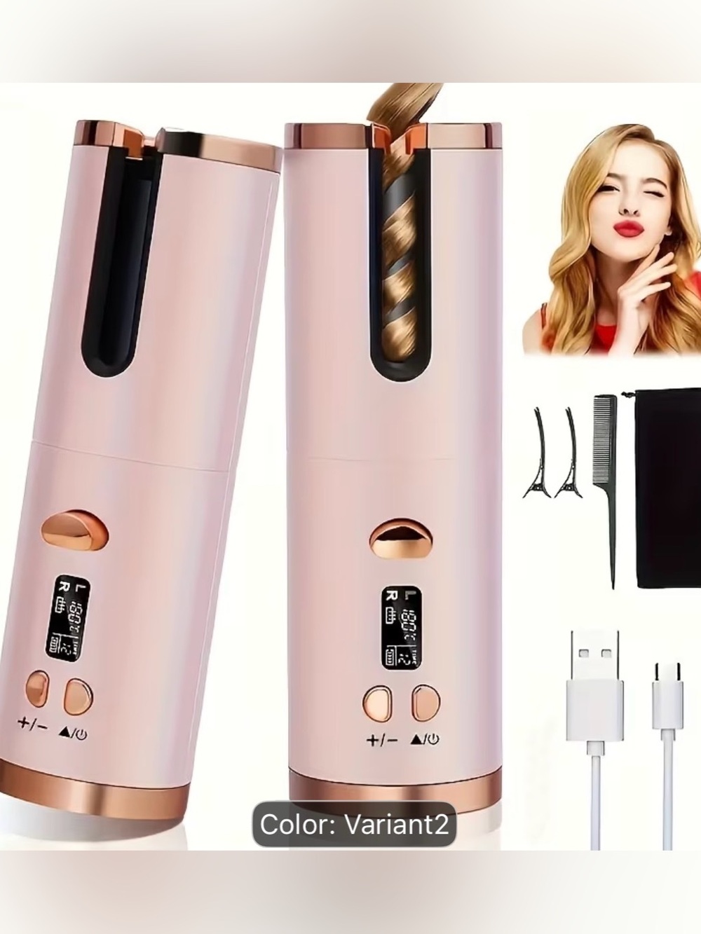 Cordless Pink Automatic Hair Curler - Wireless Rotating Wand
